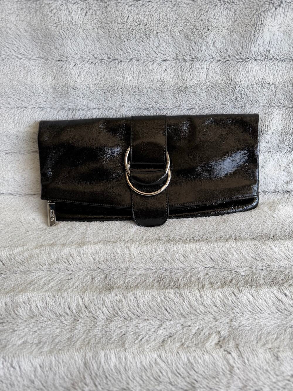 HOBO International Madeline Black Patent Leather Foldover Clutch Purse Wallet